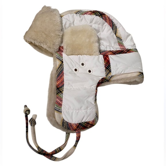 J.Crew White Tartan Shearling Plaid Trapper Hat with Ear Flaps